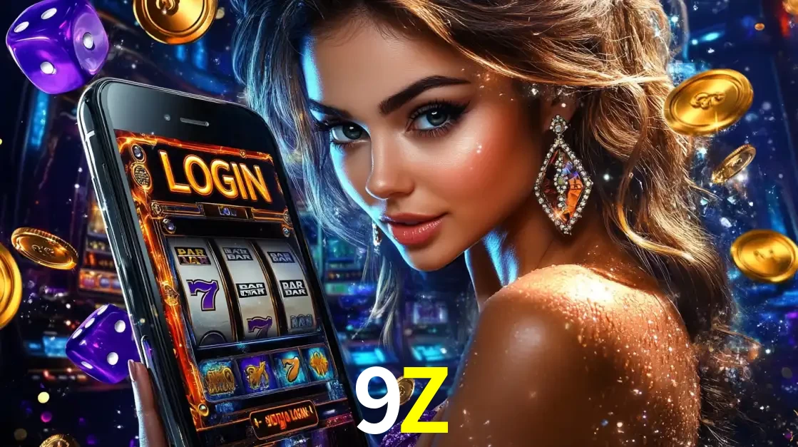 Mulher glamorosa segurando um smartphone com a tela de login para os jogos de caça-níqueis do cassino online 9Z, com moedas de ouro e dados ao redor.